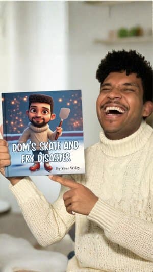 Man smiling while flipping through his personalized comedy gift book